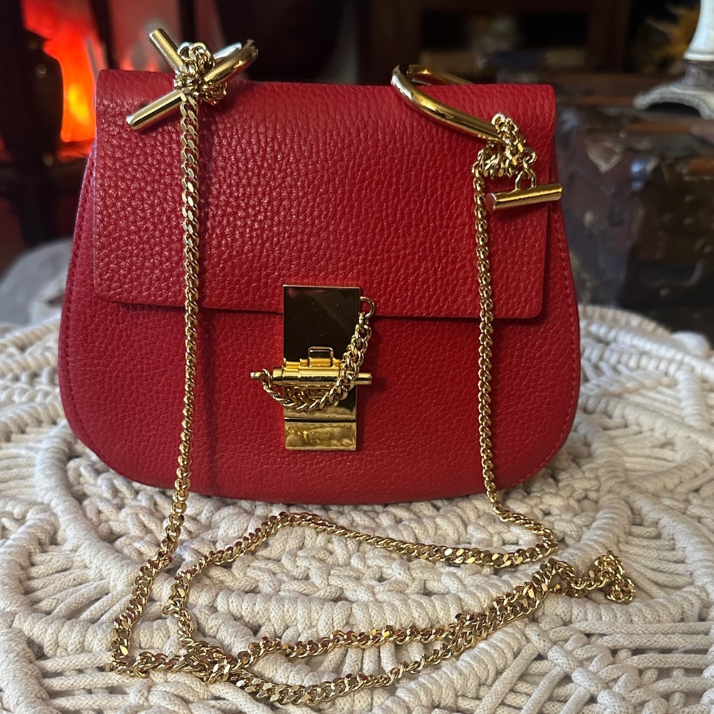 Chloe Red Mini Bag Drew Grain Lambskin with Gold Chain